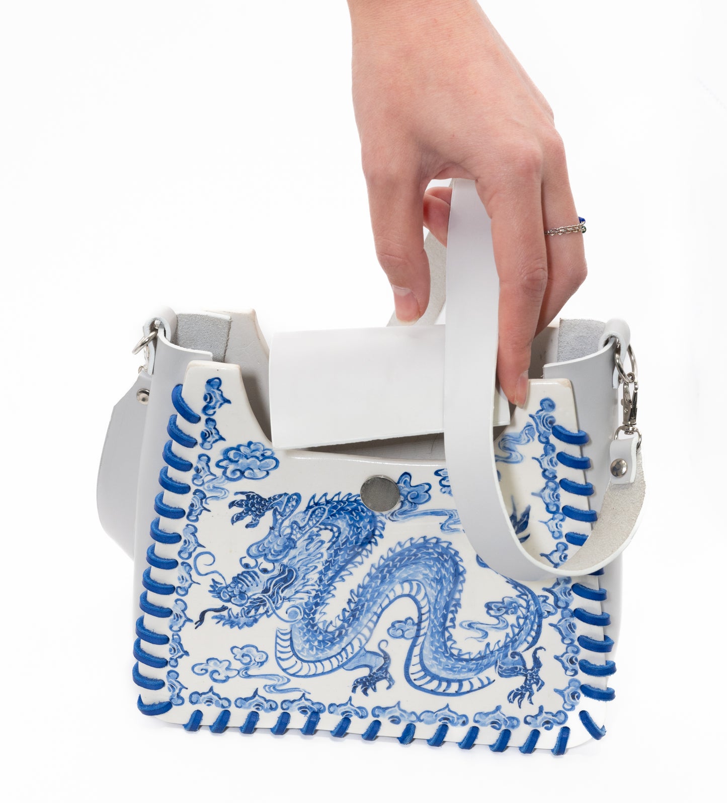 Sac porcelaine et cuir upcyclé 💙grand dragon💙